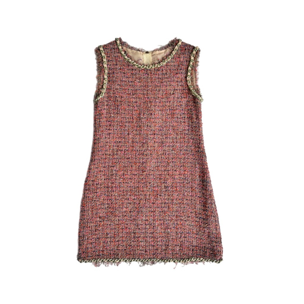 D&G Girl Pink Multicolour Tweed Dress with Green Chain